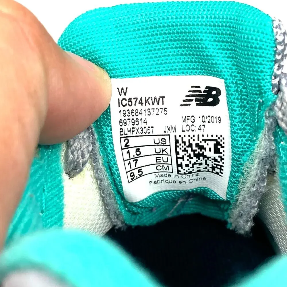 New Balance 574 Baby Training Walking Shoes Size 2 Lace up Gray Pink Teal